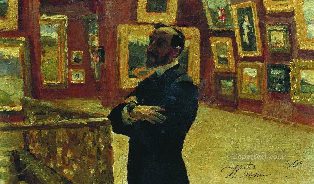 n a mudrogel in the pose of pavel tretyakov in halls of the gallery 1904 Ilya Repin Oil Paintings